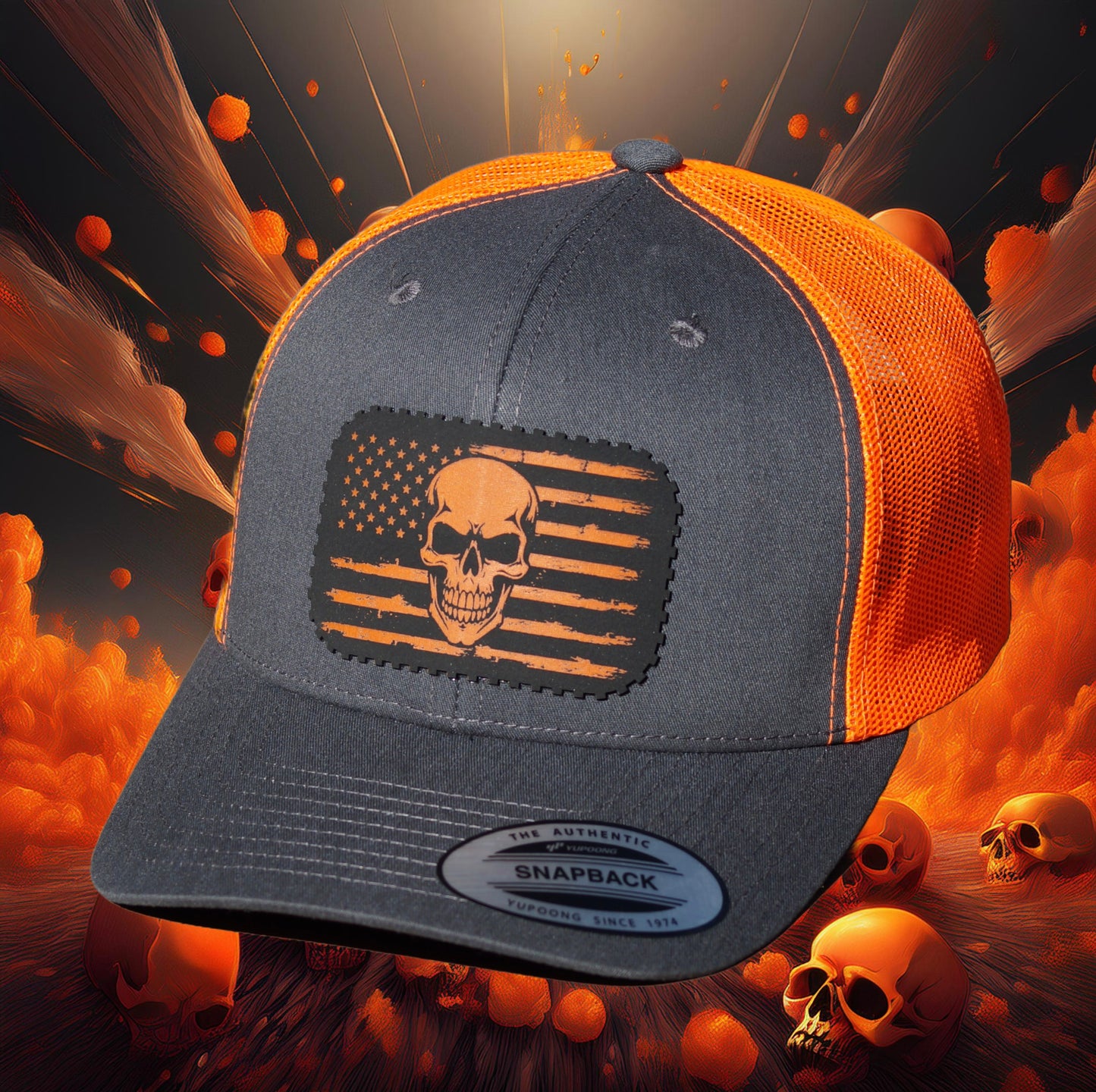 Yupoong Classics Baseball, Trucker Hat, Mesh Back, American Flag Patriot Skull
