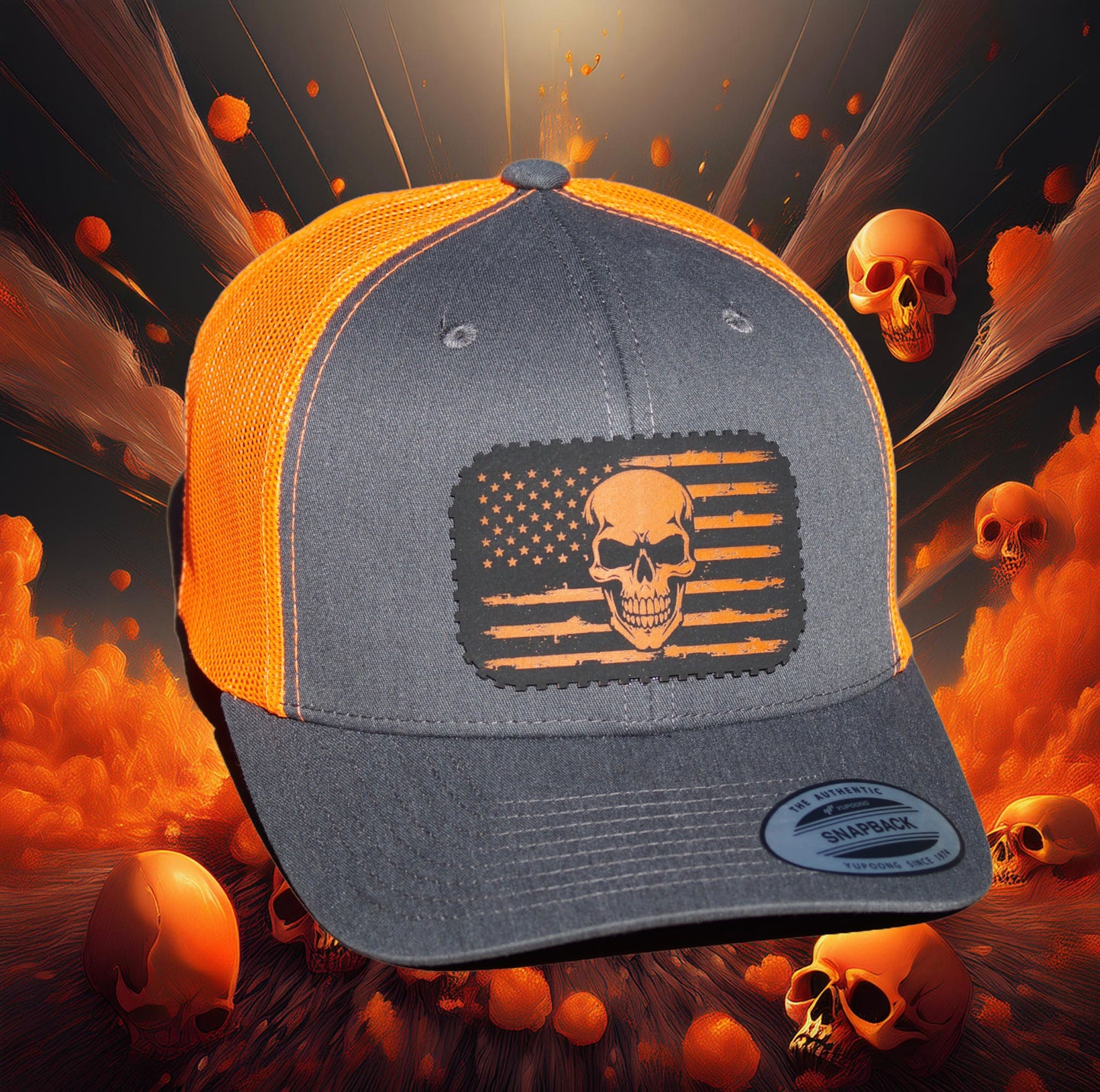 Yupoong Classics Baseball, Trucker Hat, Mesh Back, American Flag Patriot Skull