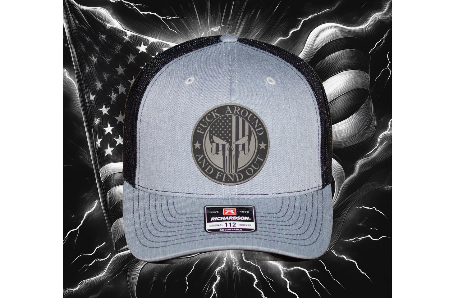 Richardson 112 Baseball Trucker Snap Back Hat Patriot Skull