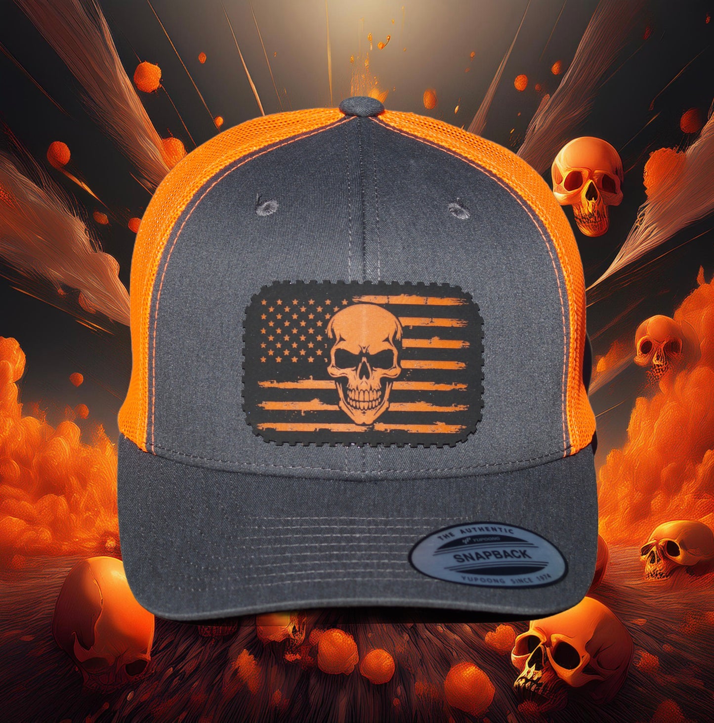 Yupoong Classics Baseball, Trucker Hat, Mesh Back, American Flag Patriot Skull