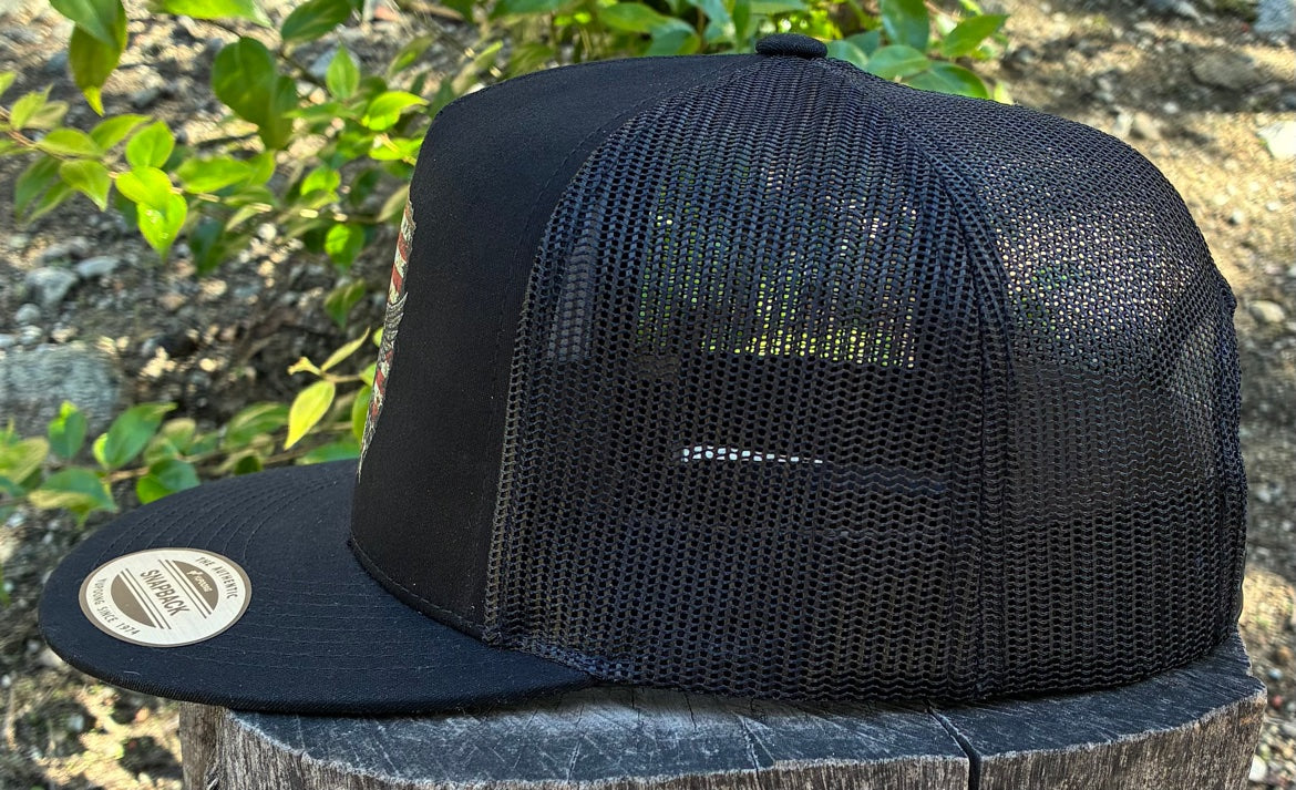 Ride Free flat bill hat — actual product photo, side mesh view