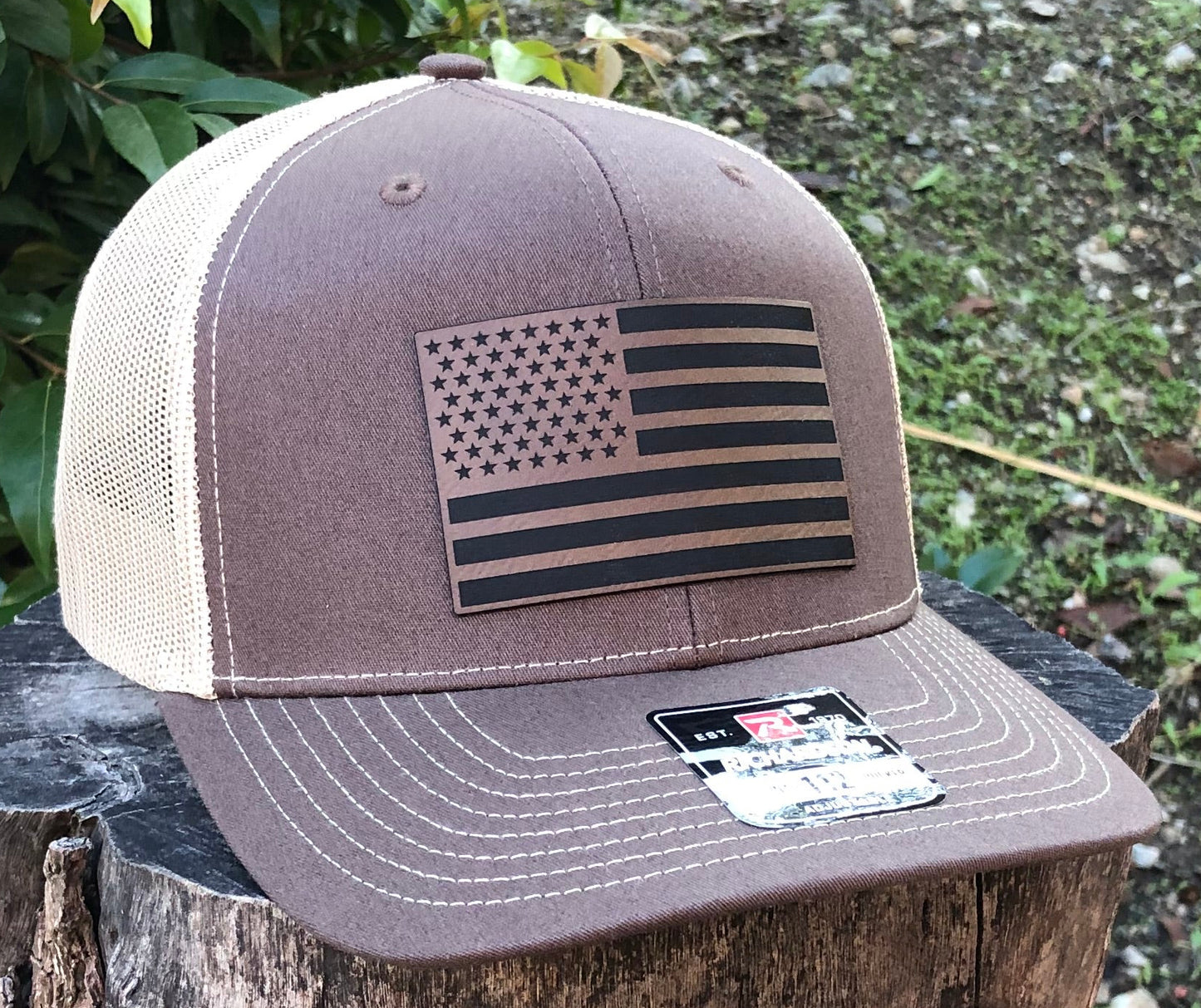 American Flag Richardson 112 Hat Leatherette Patch Brown Adjustable Made In USA