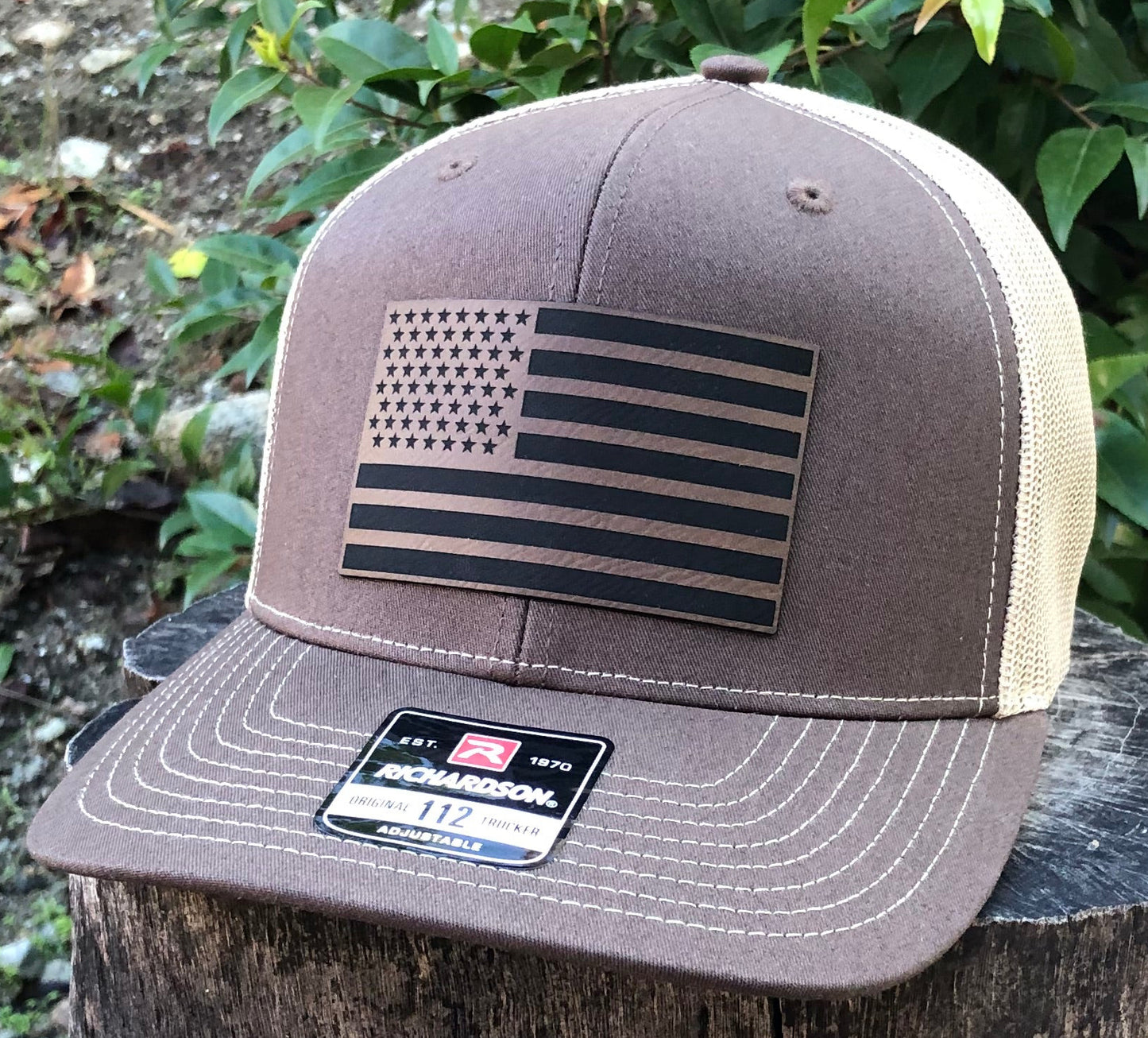 American Flag Richardson 112 Hat Leatherette Patch Brown Adjustable Made In USA
