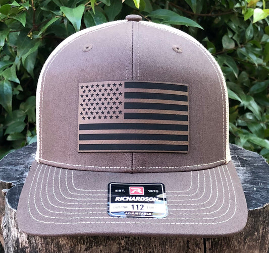 American Flag Richardson 112 Hat Leatherette Patch Brown Adjustable Made In USA