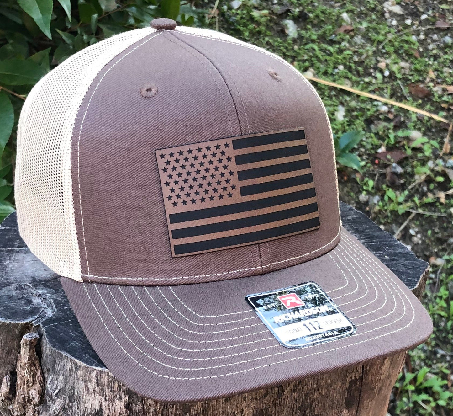 American Flag Richardson 112 Hat Leatherette Patch Brown Adjustable Made In USA