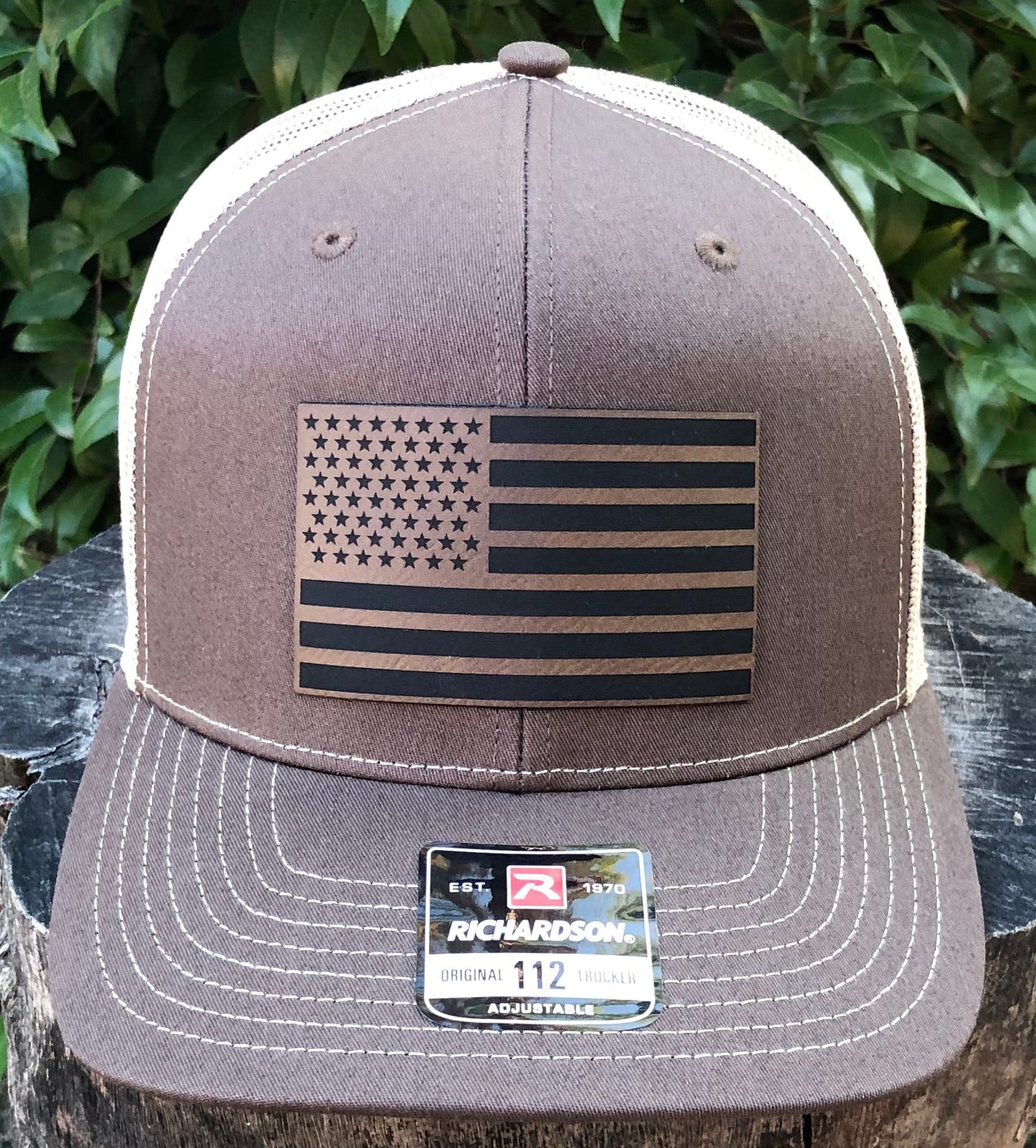 American Flag Richardson 112 Hat Leatherette Patch Brown Adjustable Made In USA