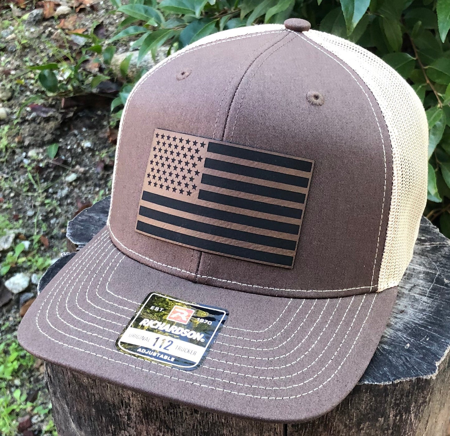 American Flag Richardson 112 Hat Leatherette Patch Brown Adjustable Made In USA