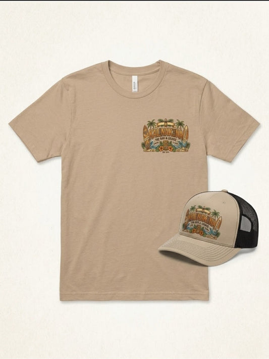 Kalinakona tiki bar hat and shirt combo flat lay