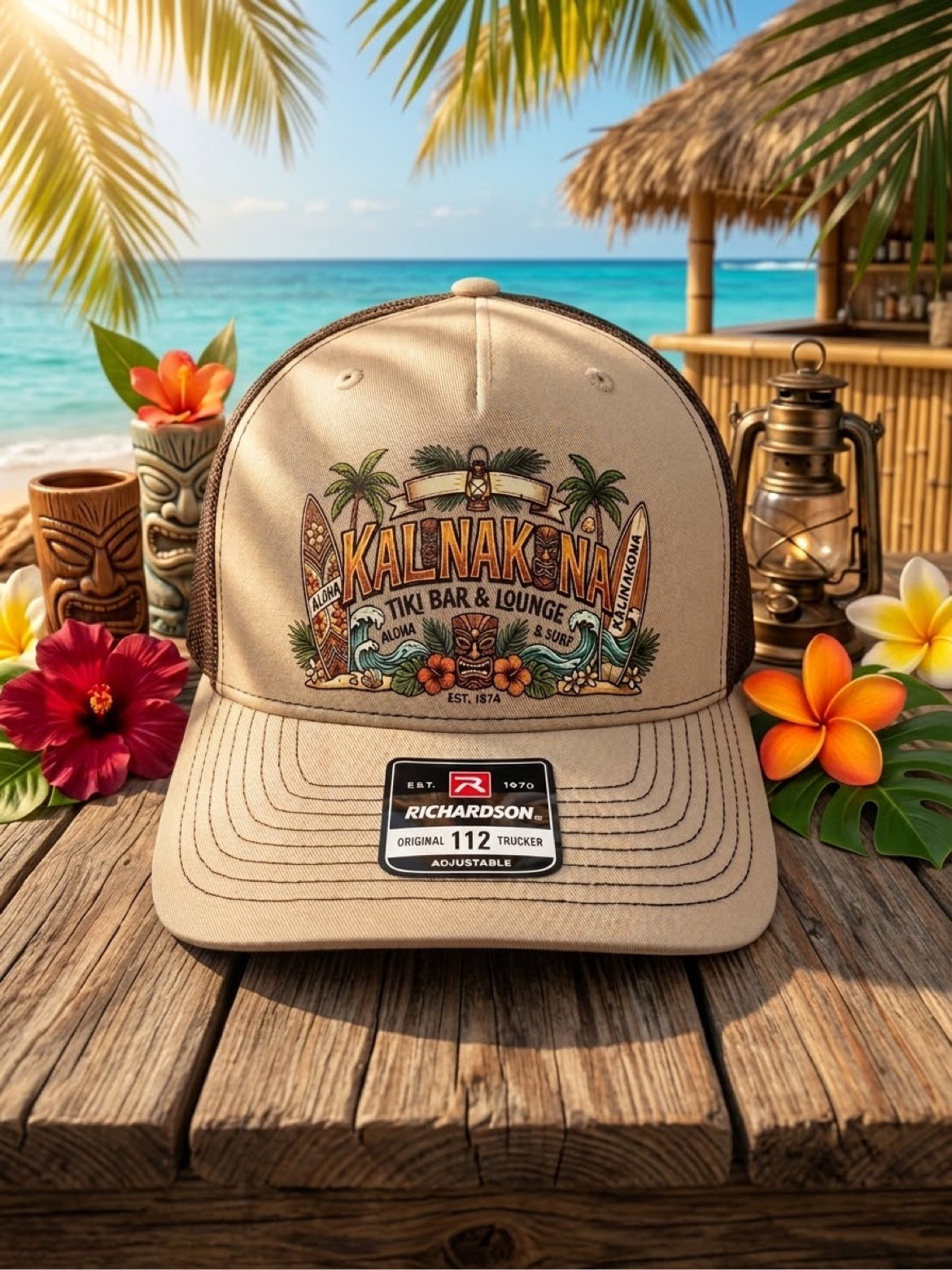 Kalinakona tiki bar Richardson 112 trucker hat beach scene
