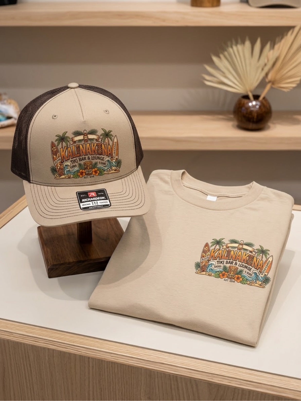 Kalinakona tiki bar hat with folded khaki shirt