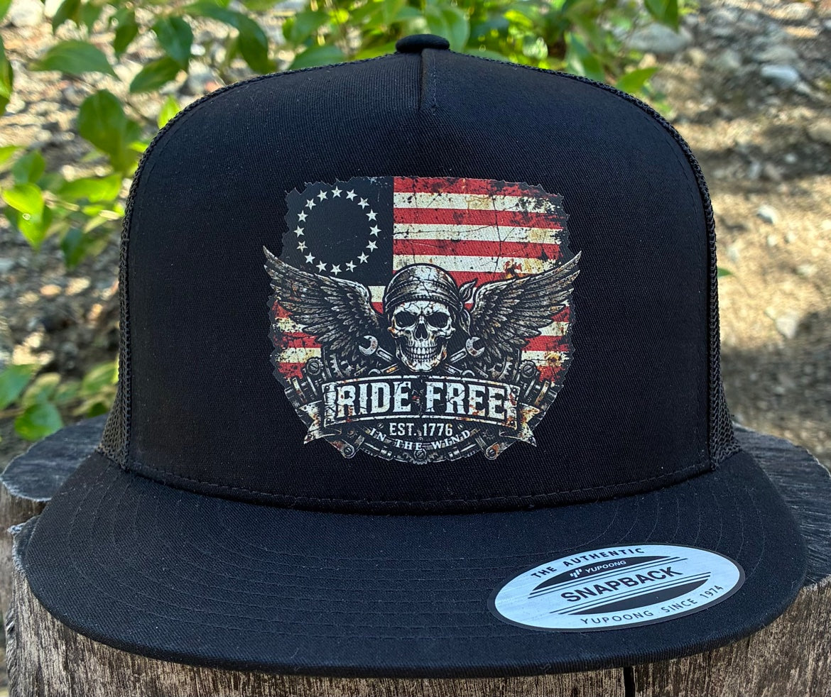 Ride Free flat bill hat — actual product photo, front view