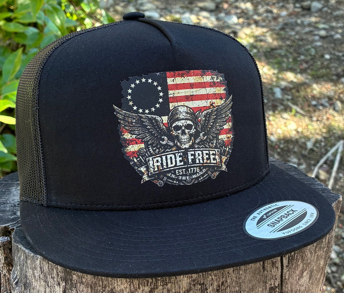Ride Free flat bill hat — actual product photo, front three-quarter view
