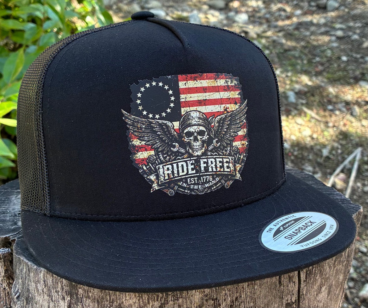 Ride Free flat bill hat — actual product photo, front three-quarter view