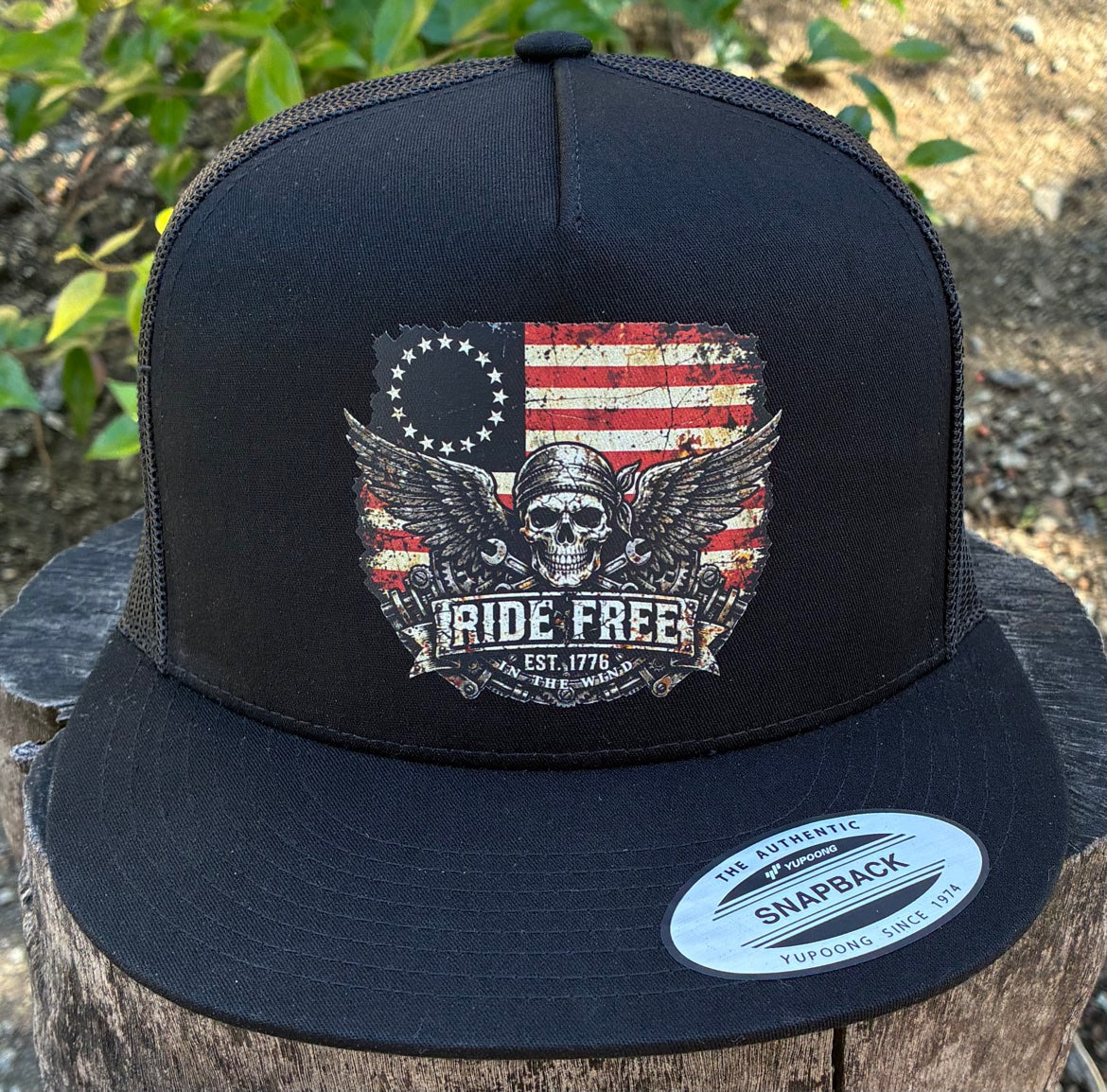 Ride Free flat bill hat — actual product photo, front view
