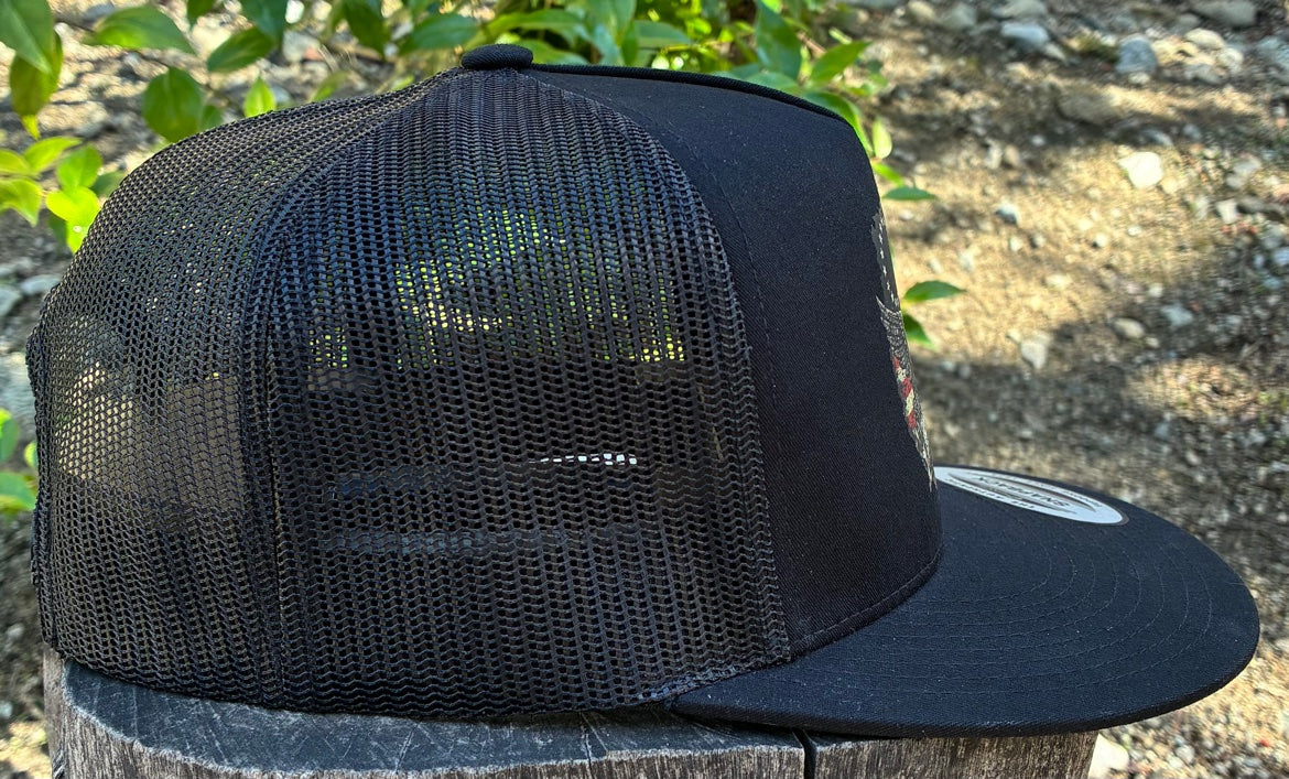 Ride Free flat bill hat — actual product photo, side mesh view