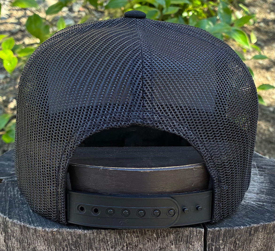 Ride Free flat bill hat — actual product photo, back view — mesh and snapback closure